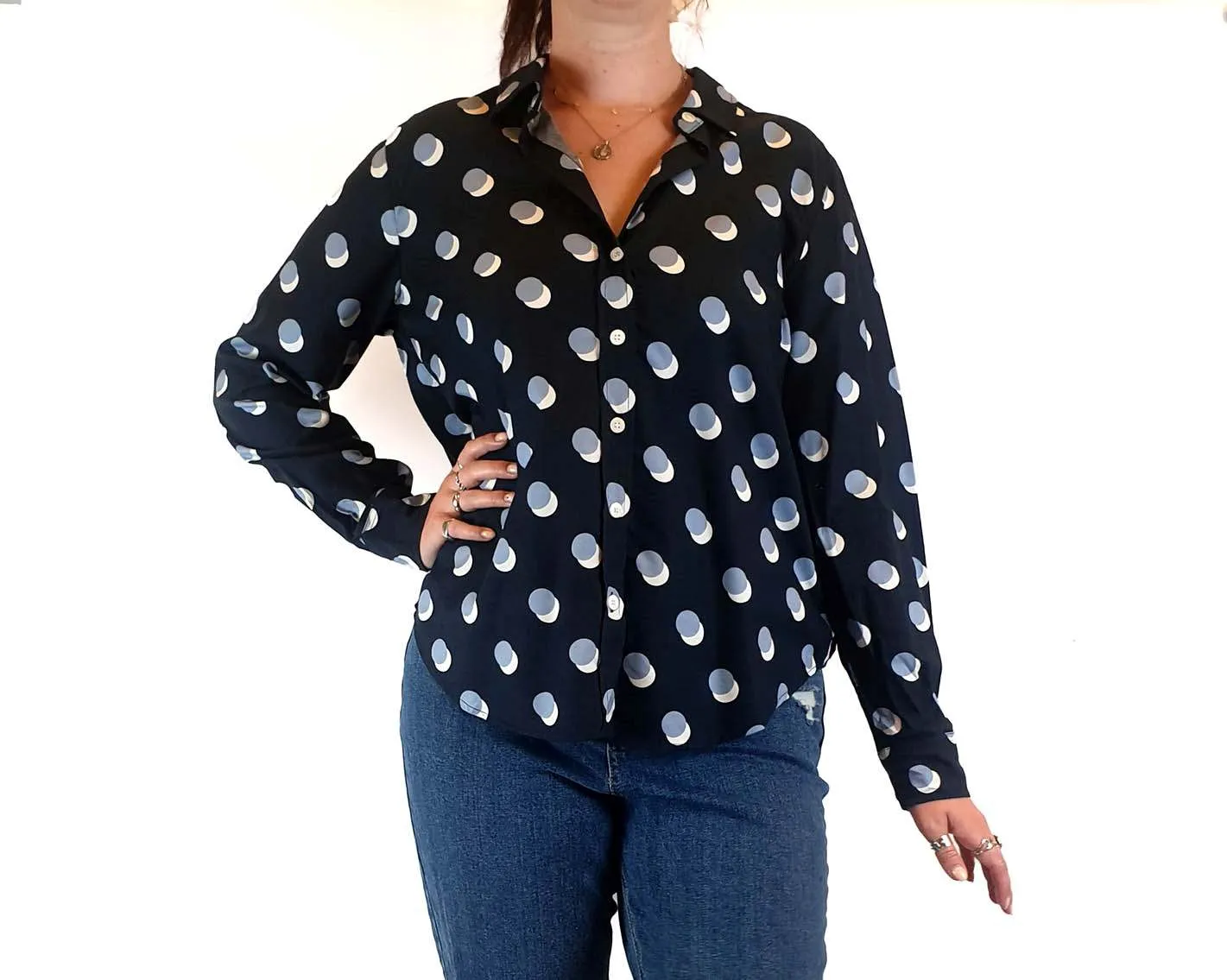 Trenery navy cotton mix shirt with polka dot print size L (best fits size 12-small 14)