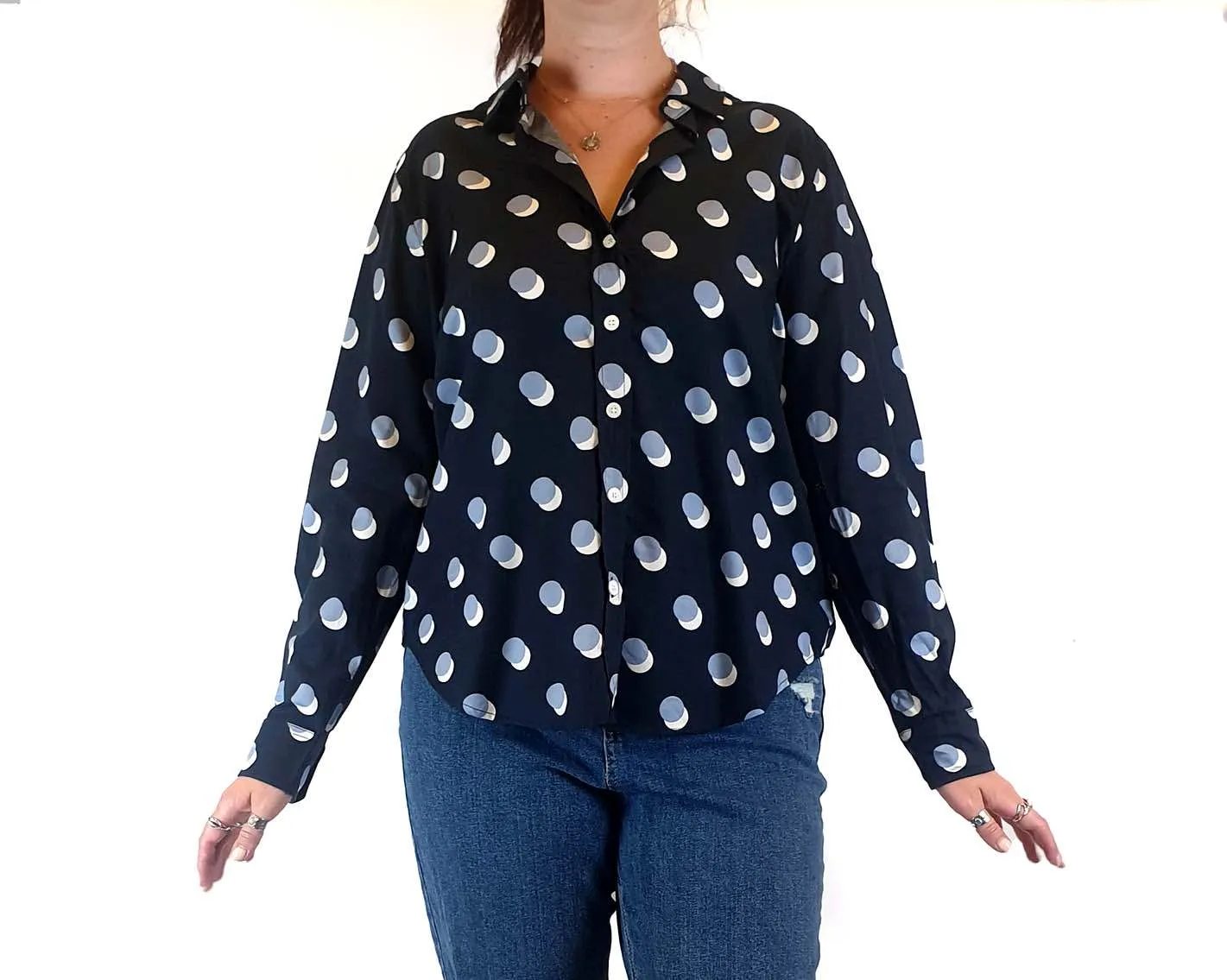 Trenery navy cotton mix shirt with polka dot print size L (best fits size 12-small 14)