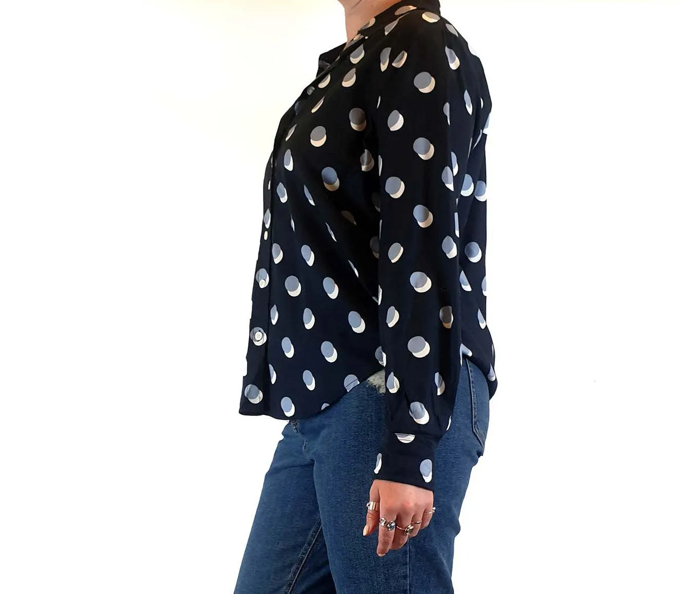 Trenery navy cotton mix shirt with polka dot print size L (best fits size 12-small 14)