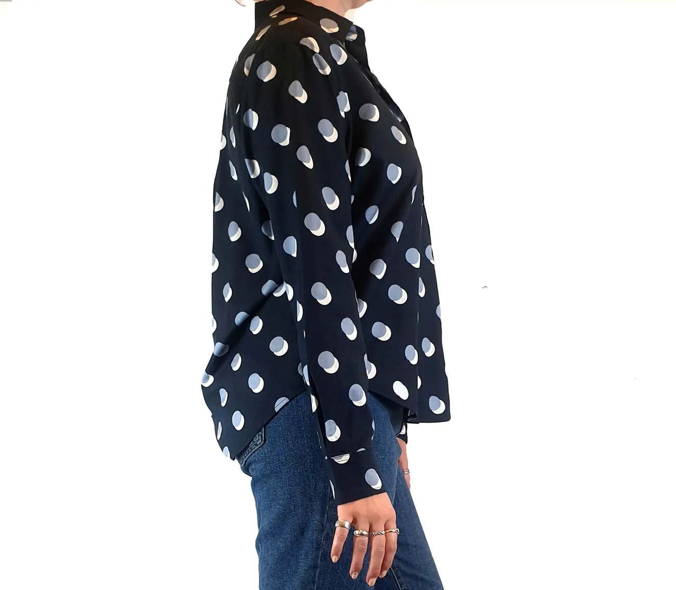 Trenery navy cotton mix shirt with polka dot print size L (best fits size 12-small 14)