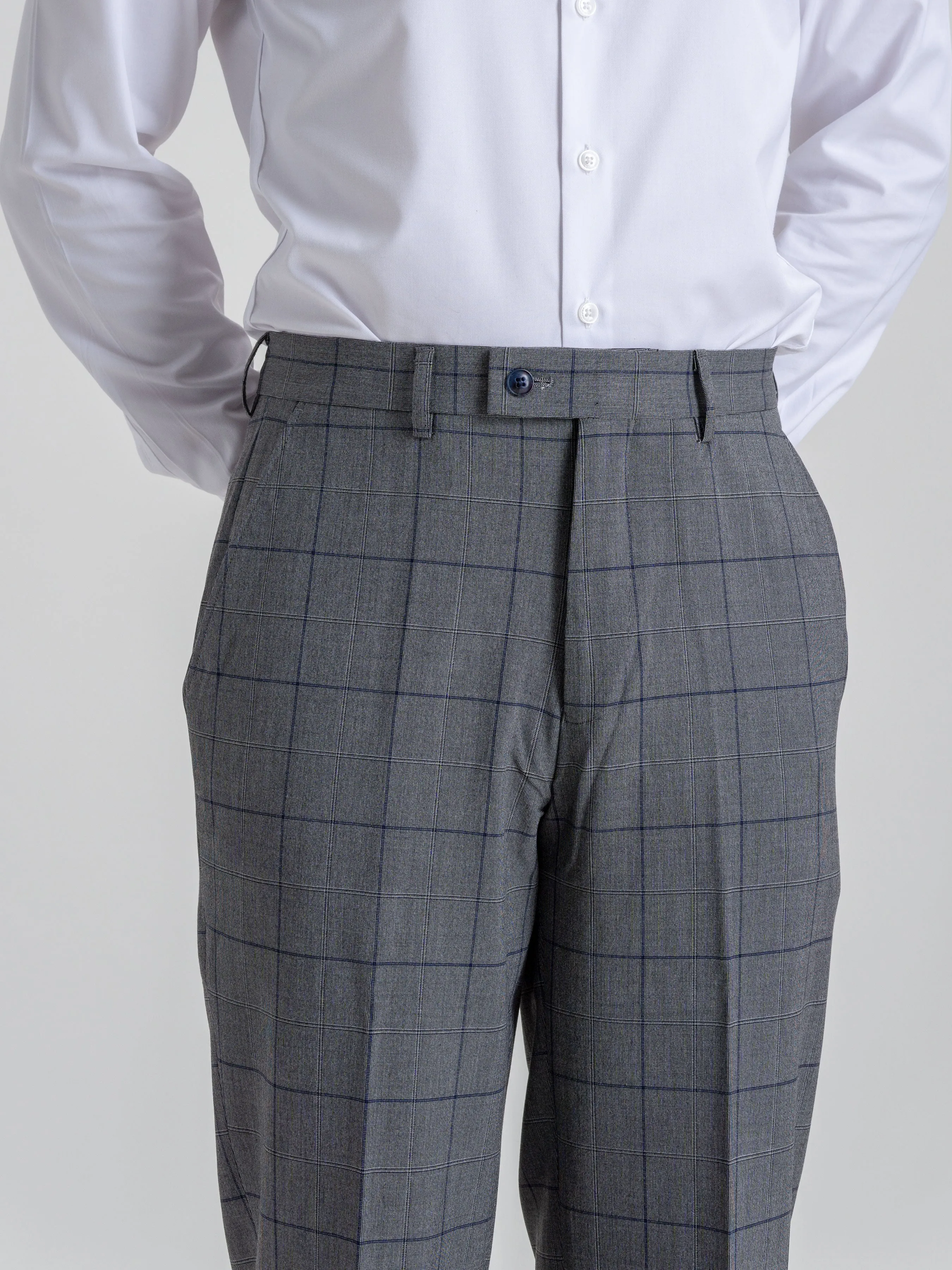 Trousers With Belt Loop - Dark Grey With Blue Line Windowpane Checkered (Slim Straight)
