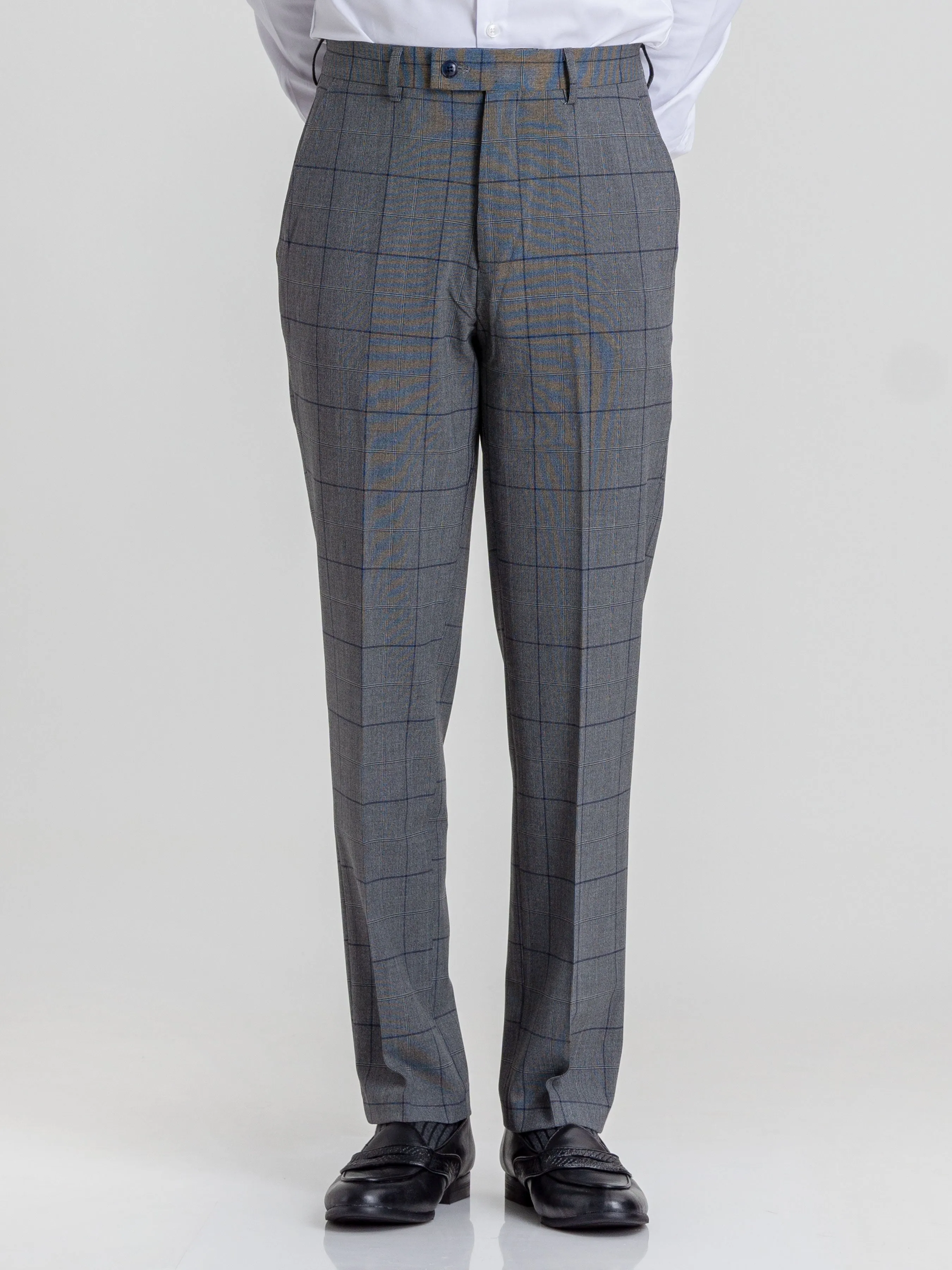 Trousers With Belt Loop - Dark Grey With Blue Line Windowpane Checkered (Slim Straight)