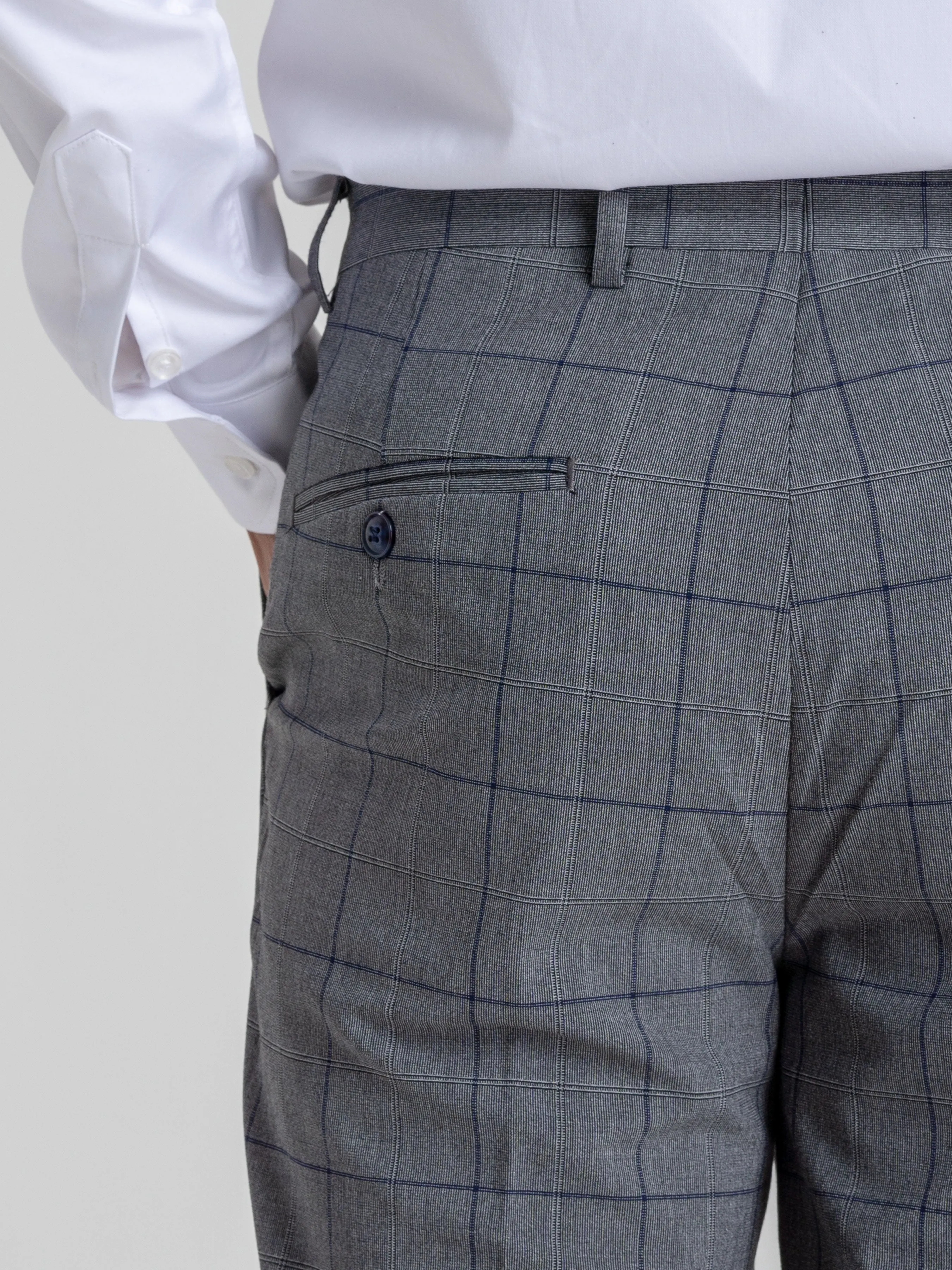 Trousers With Belt Loop - Dark Grey With Blue Line Windowpane Checkered (Slim Straight)