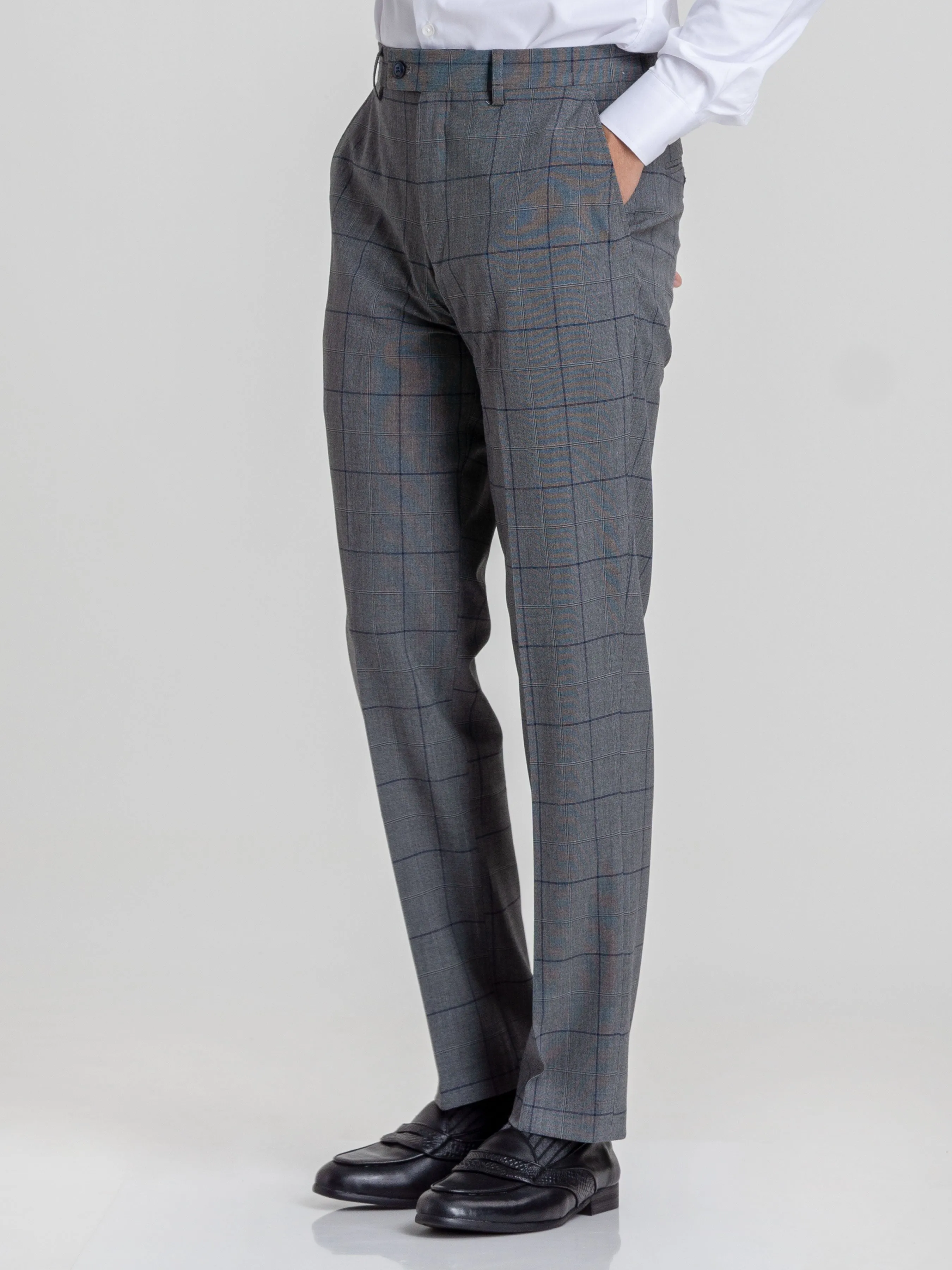 Trousers With Belt Loop - Dark Grey With Blue Line Windowpane Checkered (Slim Straight)