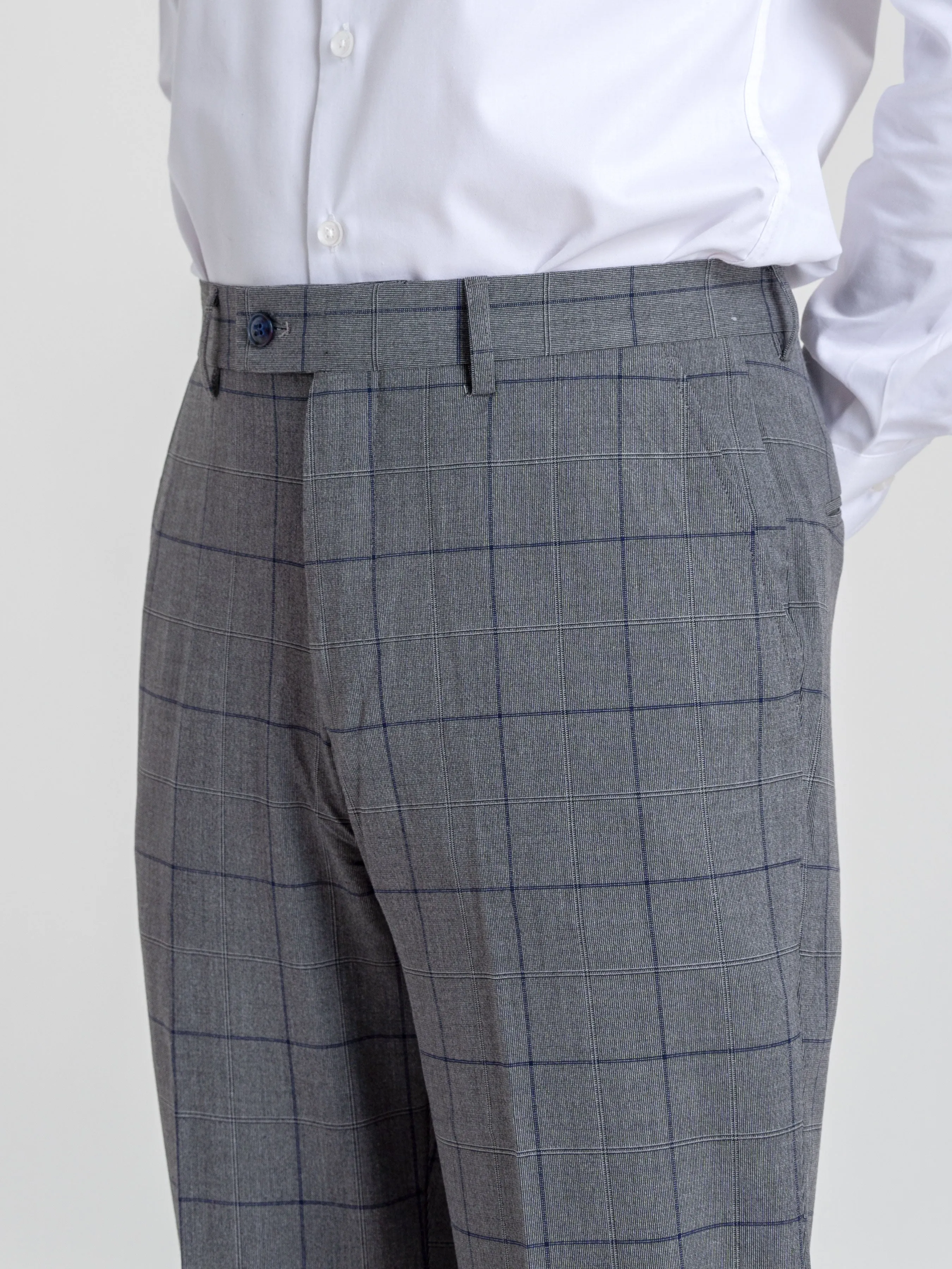 Trousers With Belt Loop - Dark Grey With Blue Line Windowpane Checkered (Slim Straight)