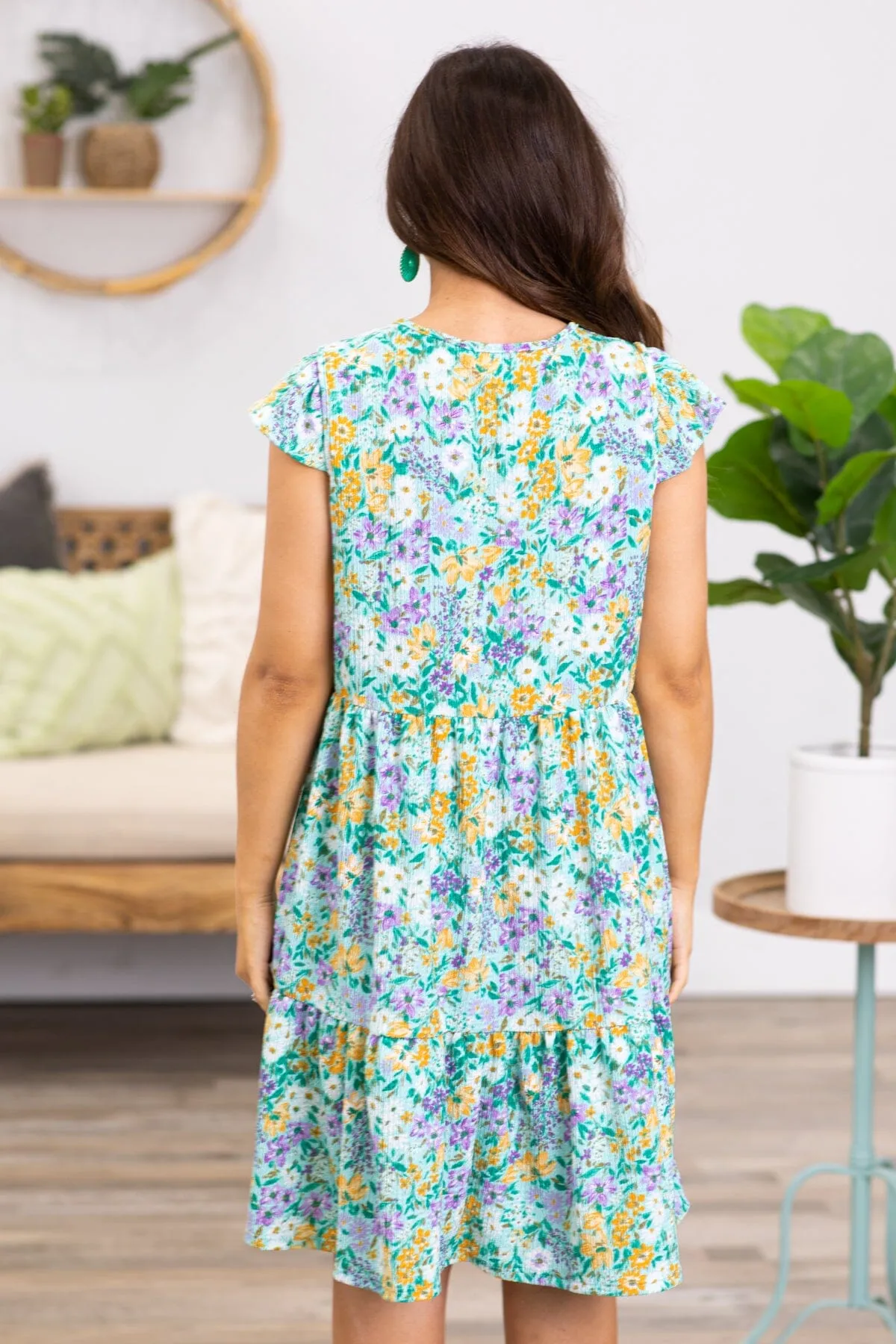 Turquoise and Mustard Floral Print Dress