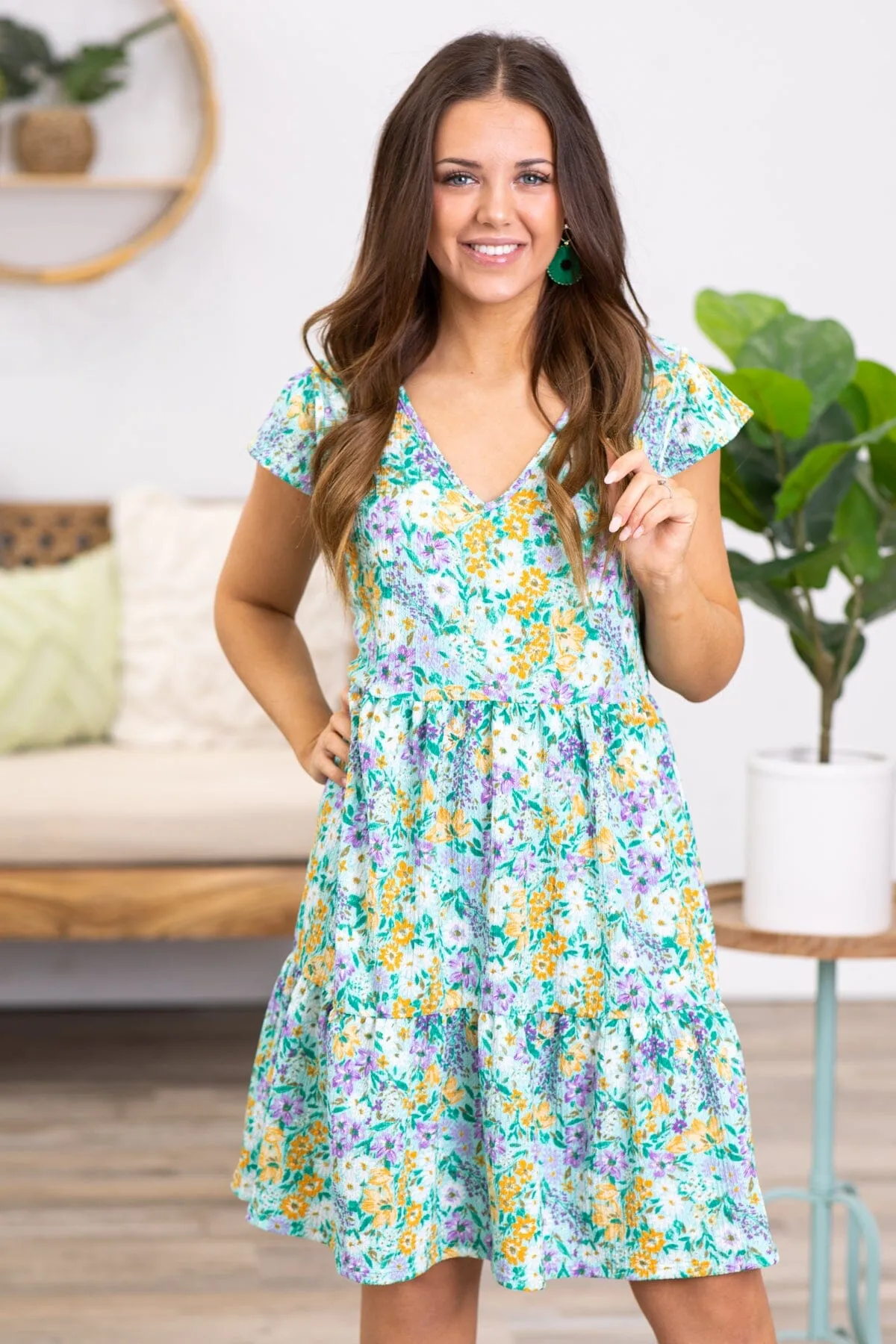 Turquoise and Mustard Floral Print Dress