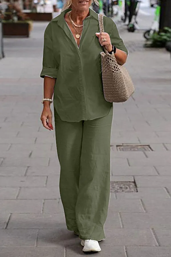 Two Piece Set Lapel Long-Sleeved Shirt Casual Solid Color Wide-Leg Pants Suit