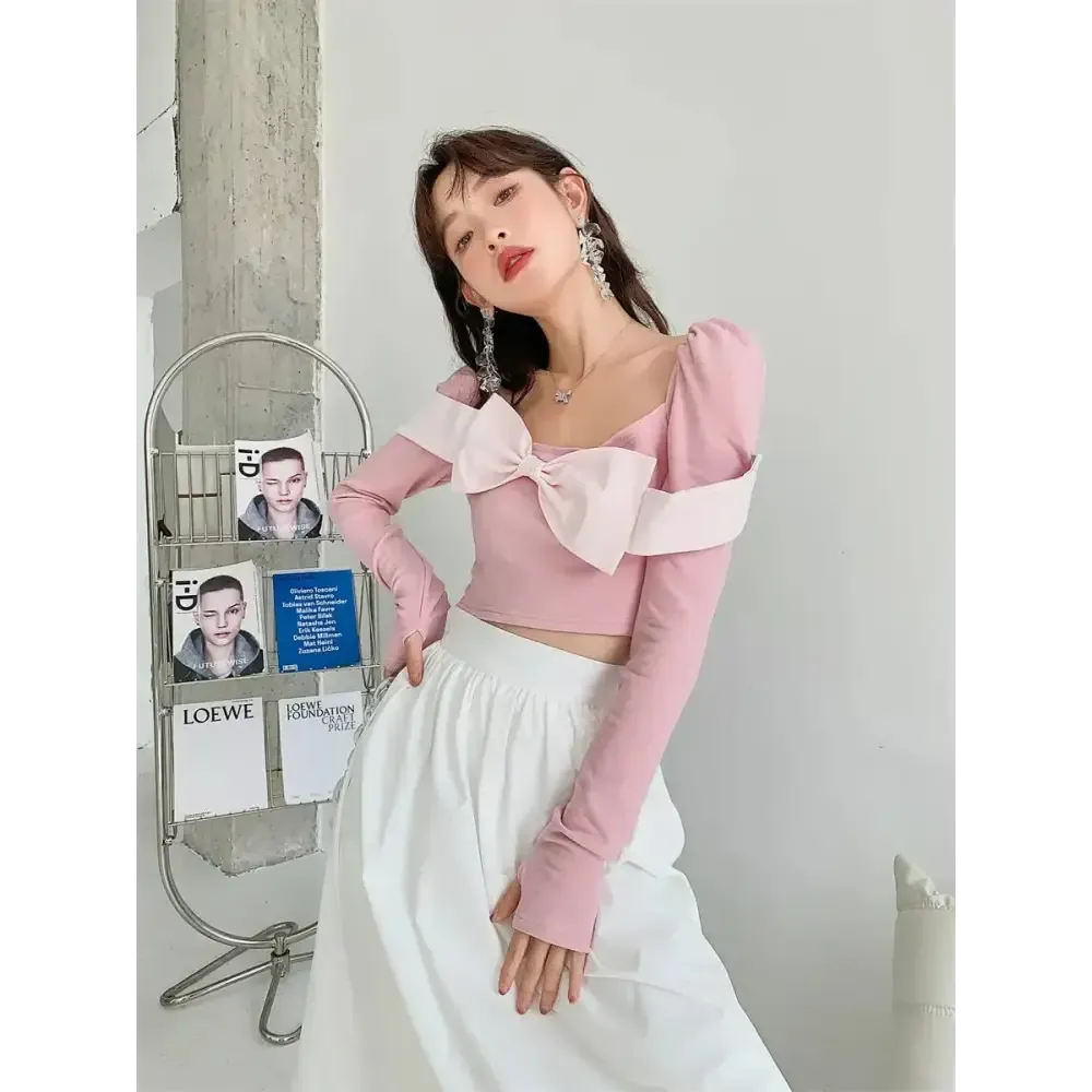 Unique Crop Top with Puff Shoulders and Detachable Bow