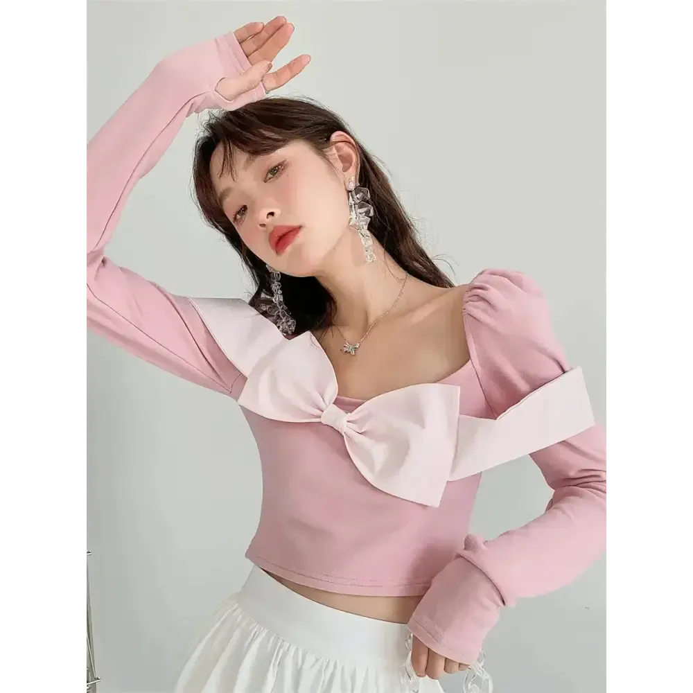 Unique Crop Top with Puff Shoulders and Detachable Bow