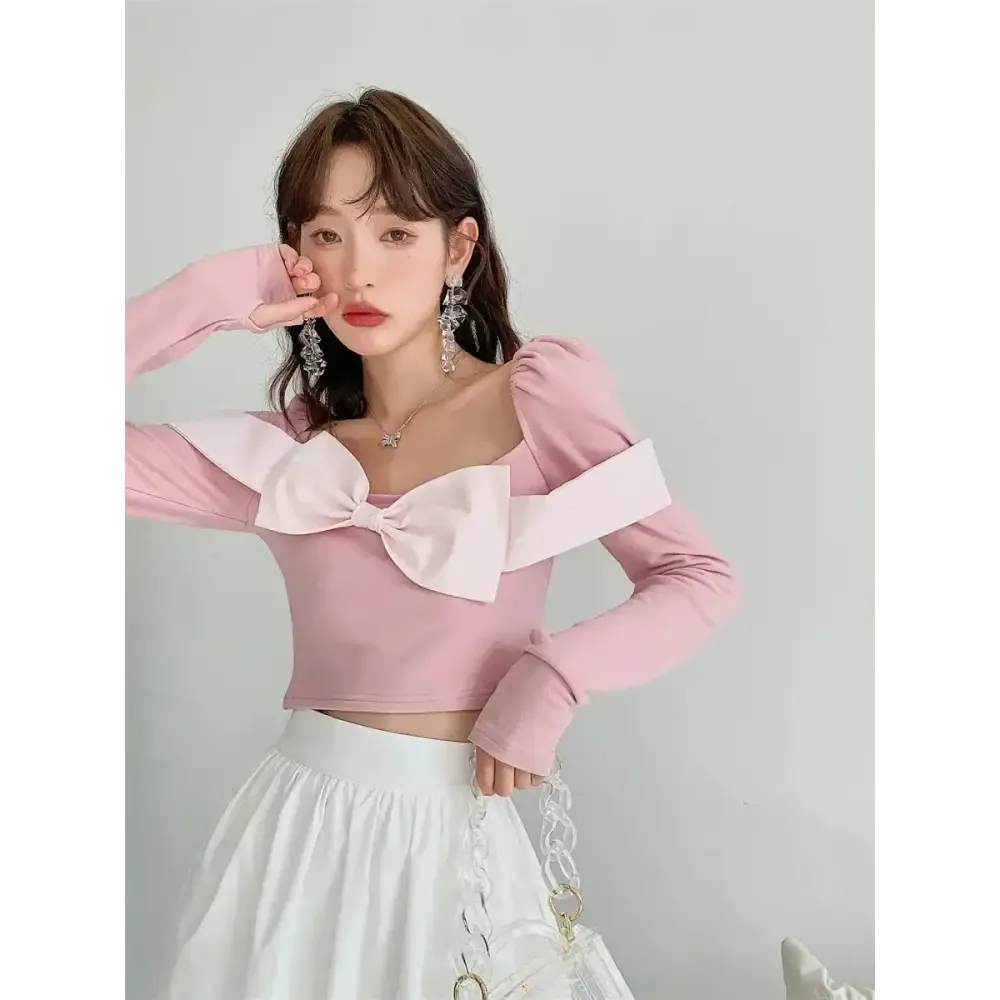 Unique Crop Top with Puff Shoulders and Detachable Bow