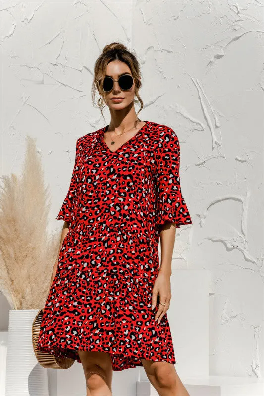 V-neck Floral Print Midi Dress with Trumpet Sleeves