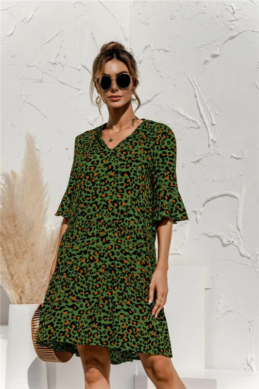 V-neck Floral Print Midi Dress with Trumpet Sleeves