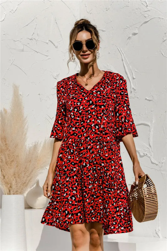 V-neck Floral Print Midi Dress with Trumpet Sleeves