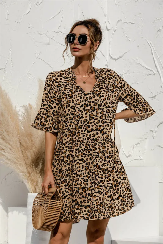 V-neck Floral Print Midi Dress with Trumpet Sleeves