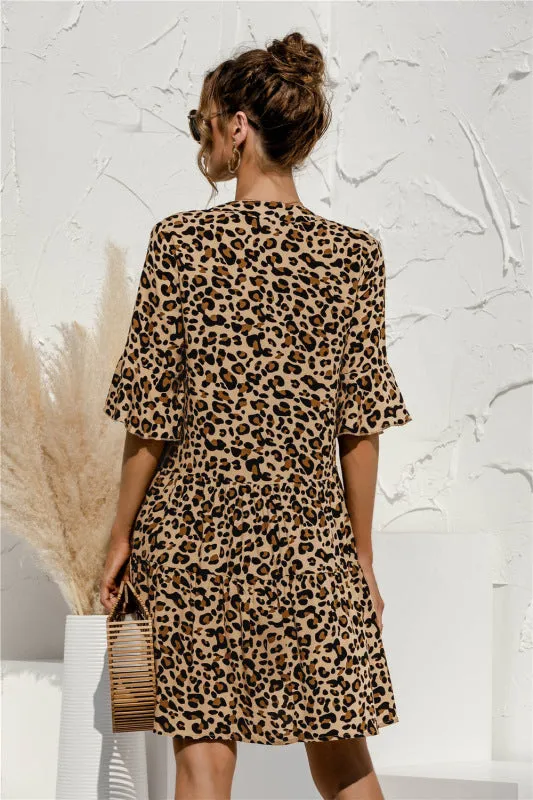V-neck Floral Print Midi Dress with Trumpet Sleeves