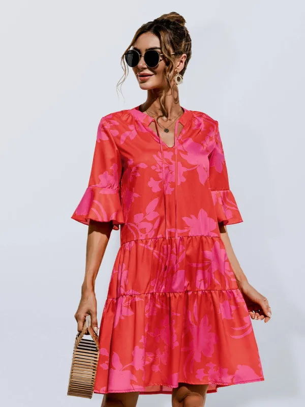 V-neck Floral Print Midi Dress with Trumpet Sleeves