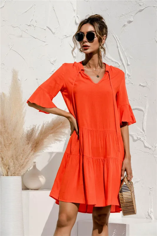 V-neck Floral Print Midi Dress with Trumpet Sleeves