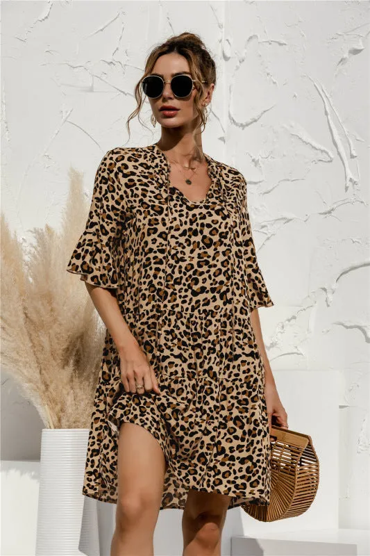 V-neck Floral Print Midi Dress with Trumpet Sleeves