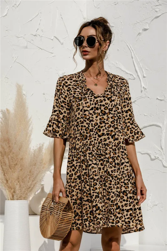 V-neck Floral Print Midi Dress with Trumpet Sleeves