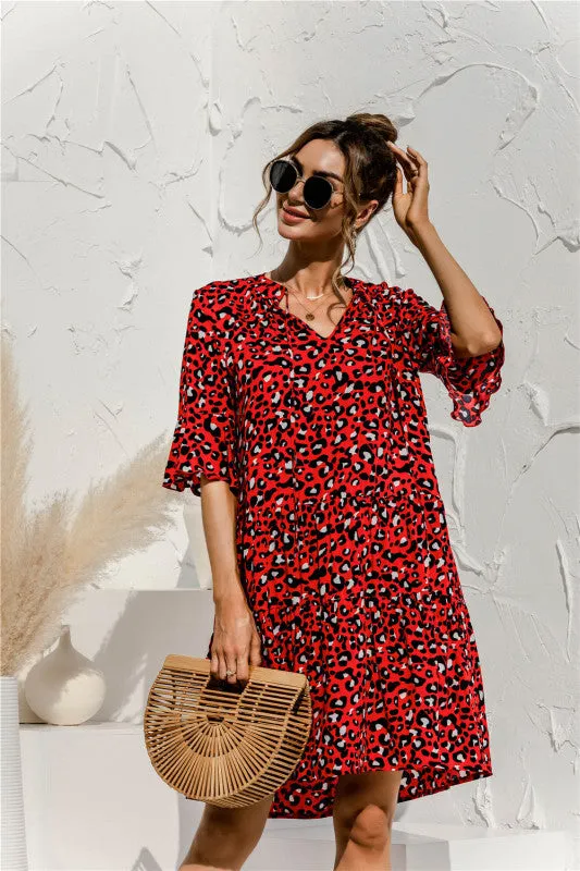 V-neck Floral Print Midi Dress with Trumpet Sleeves