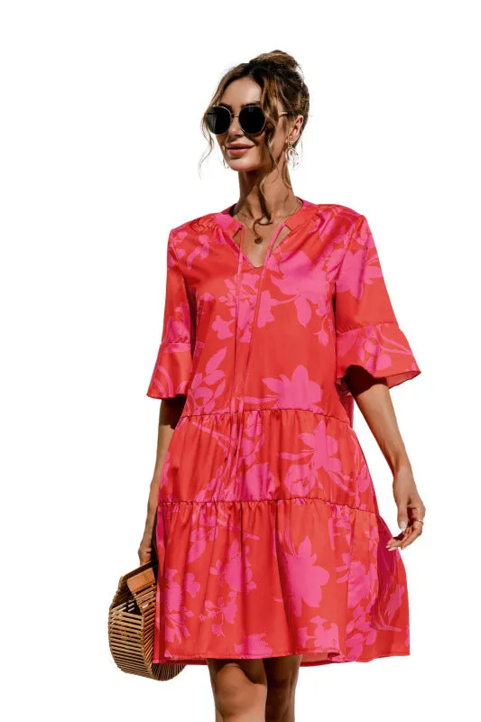V-neck Floral Print Midi Dress with Trumpet Sleeves