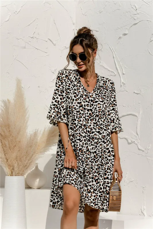 V-neck Floral Print Midi Dress with Trumpet Sleeves
