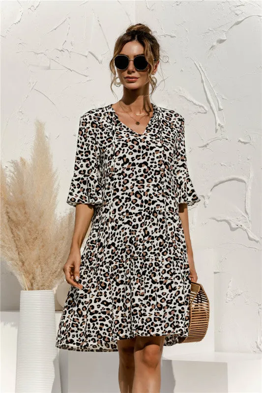V-neck Floral Print Midi Dress with Trumpet Sleeves