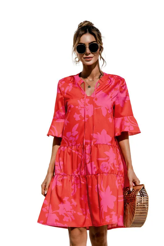V-neck Floral Print Midi Dress with Trumpet Sleeves