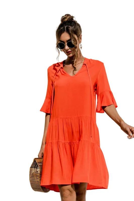 V-neck Floral Print Midi Dress with Trumpet Sleeves