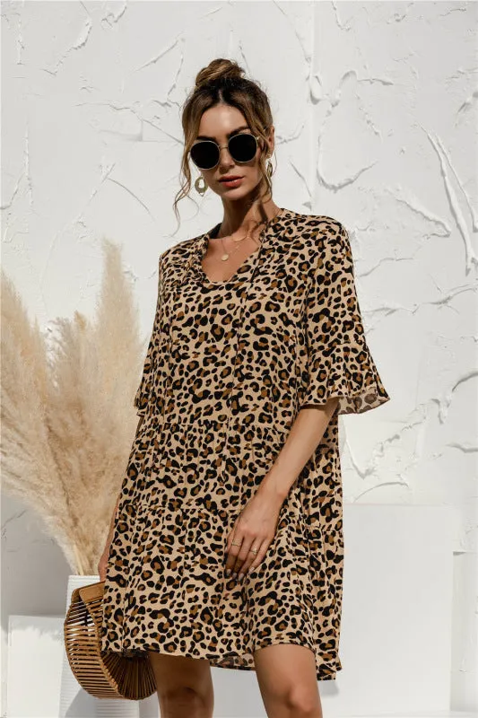 V-neck Floral Print Midi Dress with Trumpet Sleeves