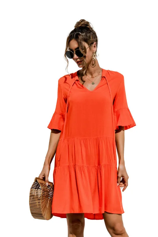 V-neck Floral Print Midi Dress with Trumpet Sleeves