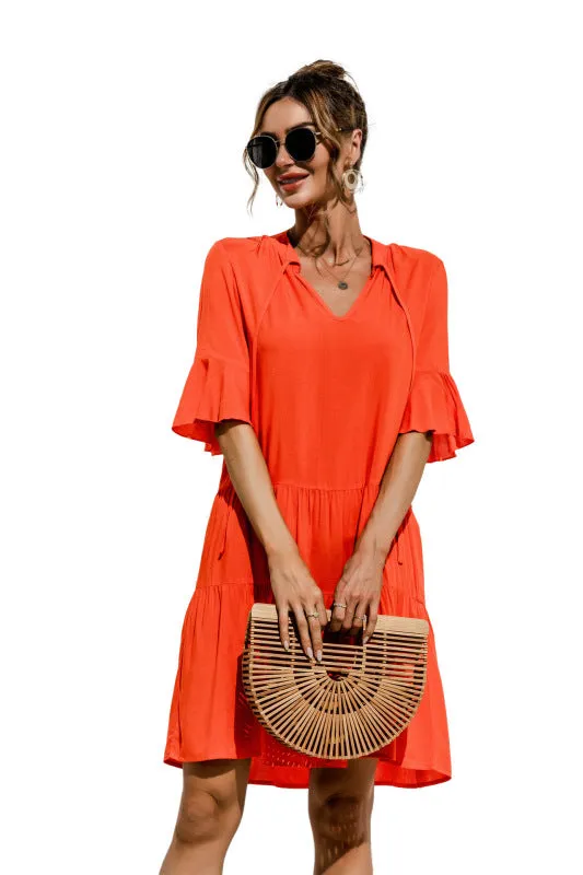 V-neck Floral Print Midi Dress with Trumpet Sleeves