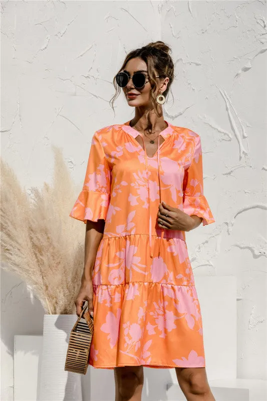 V-neck Floral Print Midi Dress with Trumpet Sleeves