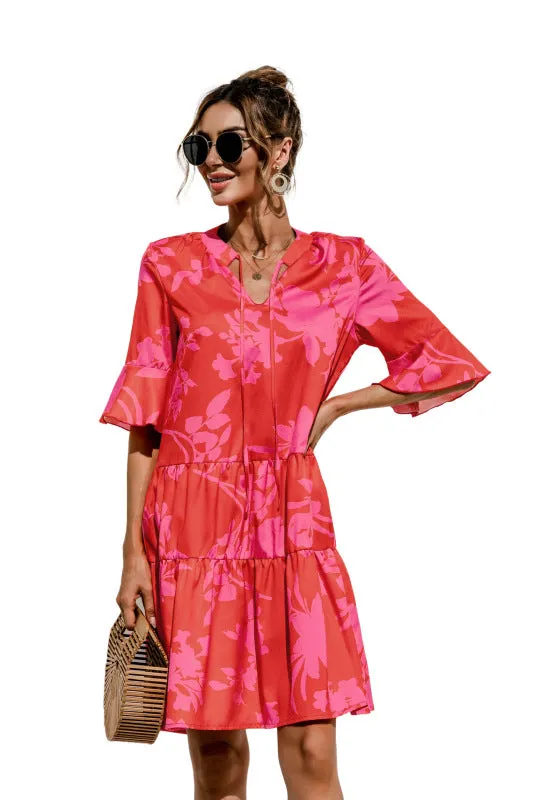 V-neck Floral Print Midi Dress with Trumpet Sleeves