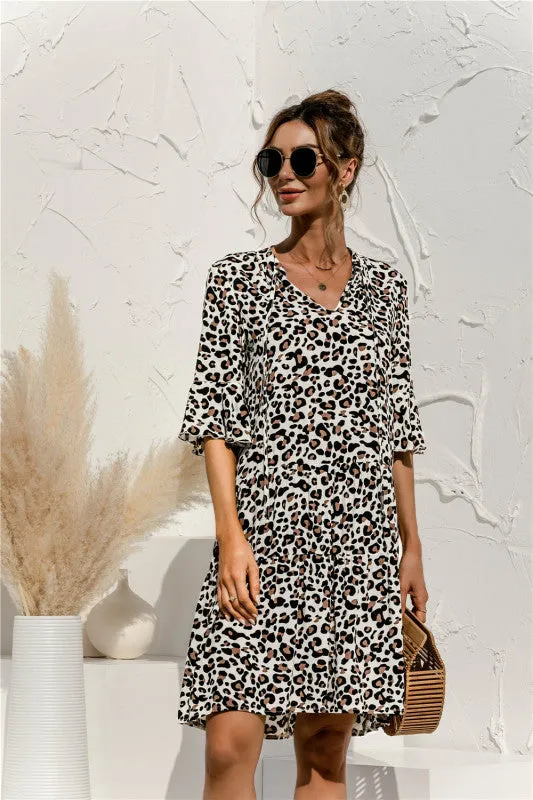 V-neck Floral Print Midi Dress with Trumpet Sleeves