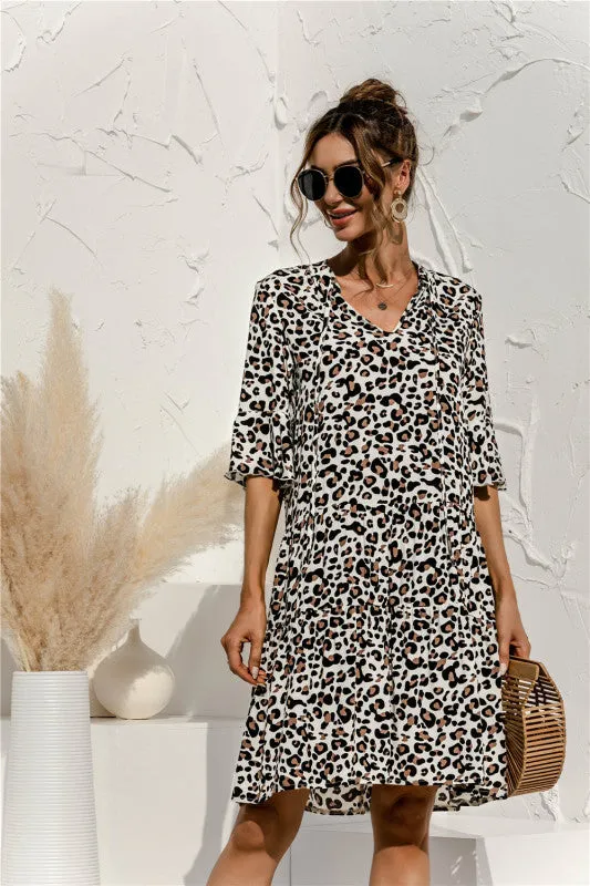 V-neck Floral Print Midi Dress with Trumpet Sleeves
