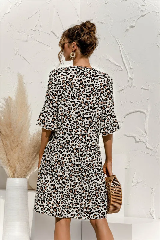 V-neck Floral Print Midi Dress with Trumpet Sleeves