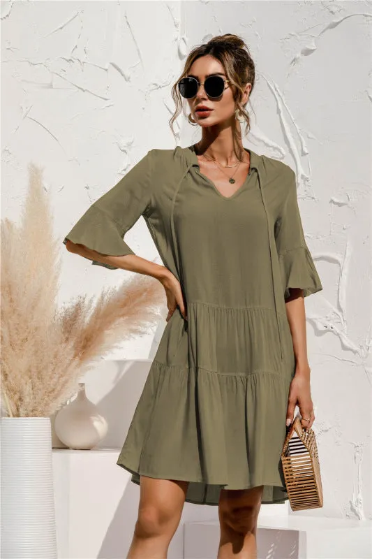 V-neck Floral Print Midi Dress with Trumpet Sleeves