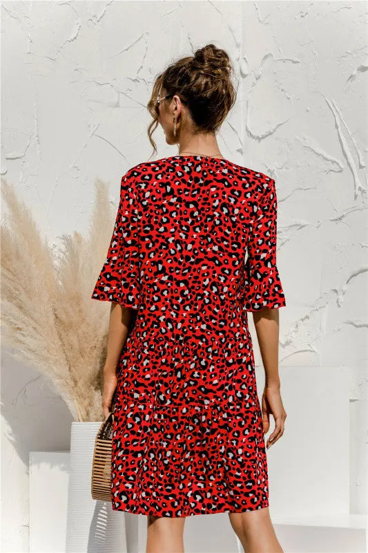 V-neck Floral Print Midi Dress with Trumpet Sleeves