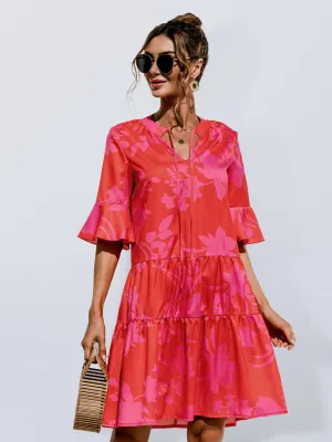 V-neck Floral Print Midi Dress with Trumpet Sleeves