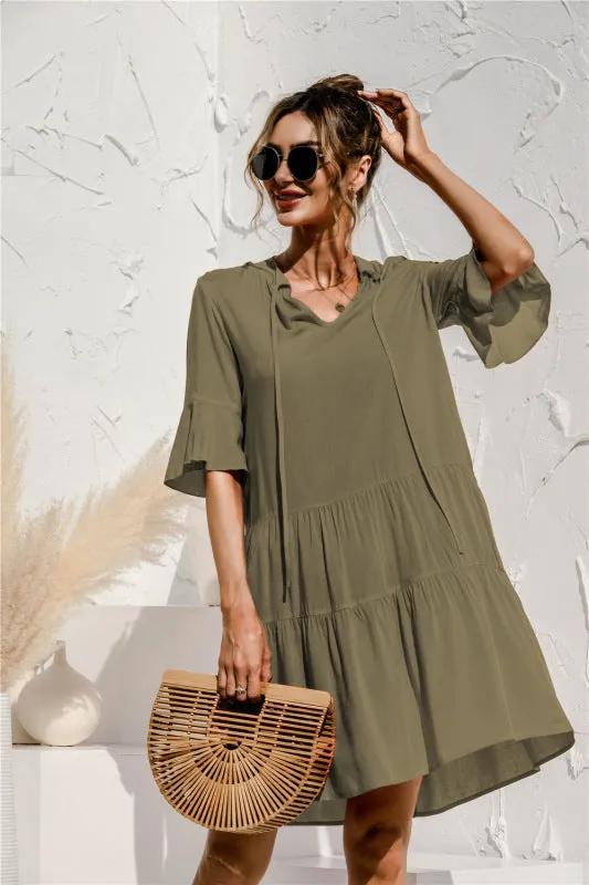 V-neck Floral Print Midi Dress with Trumpet Sleeves