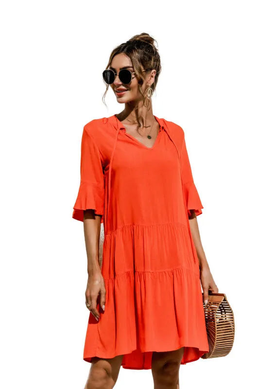 V-neck Floral Print Midi Dress with Trumpet Sleeves