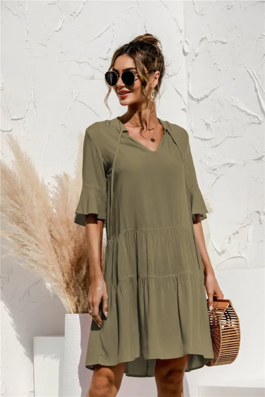 V-neck Floral Print Midi Dress with Trumpet Sleeves