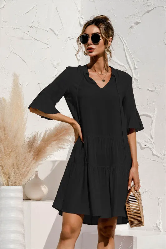 V-neck Floral Print Midi Dress with Trumpet Sleeves