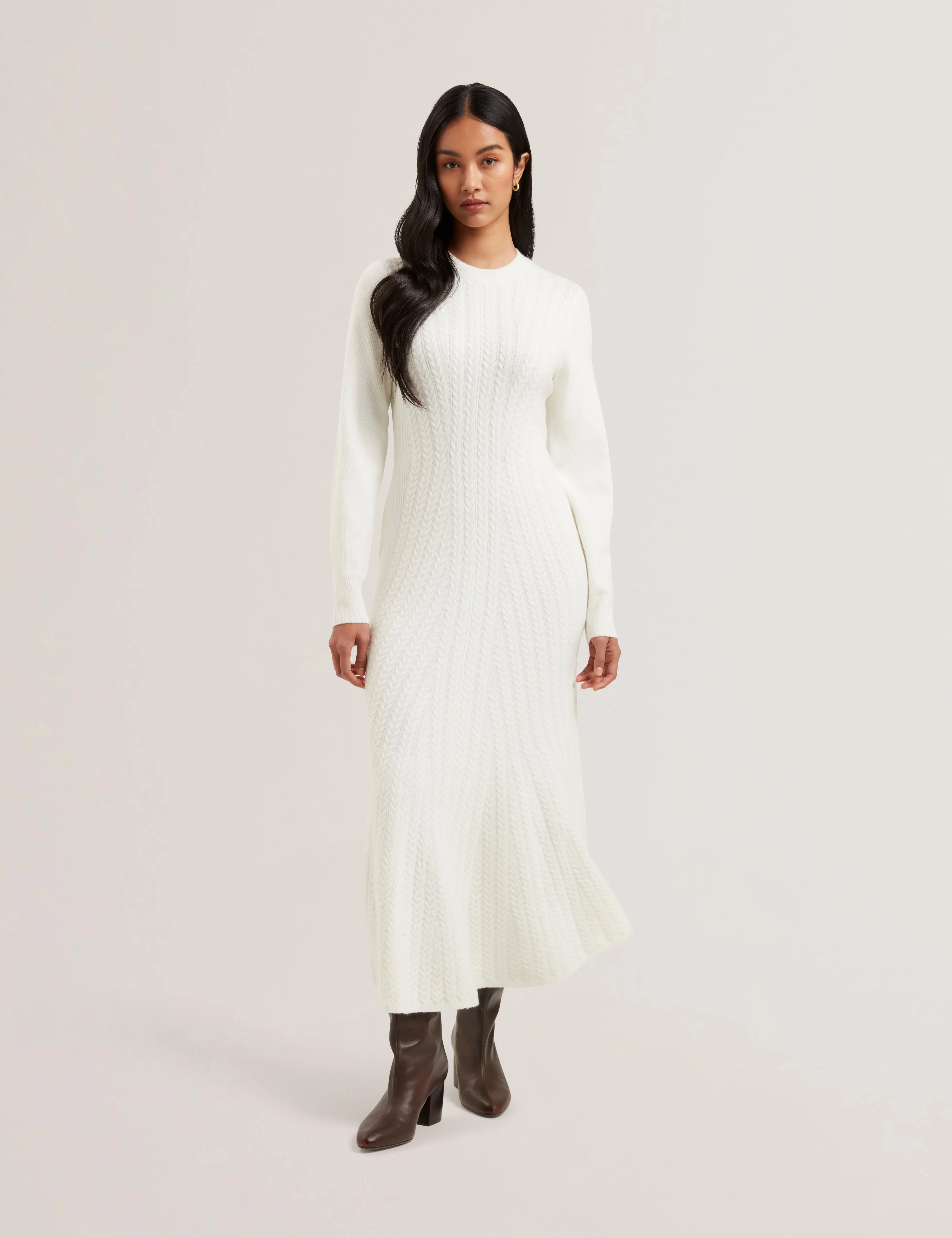 Vanesha Cable Knit Long Sleeve Midi Dress Ivory