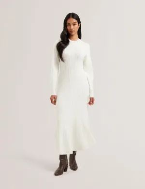 Vanesha Cable Knit Long Sleeve Midi Dress Ivory