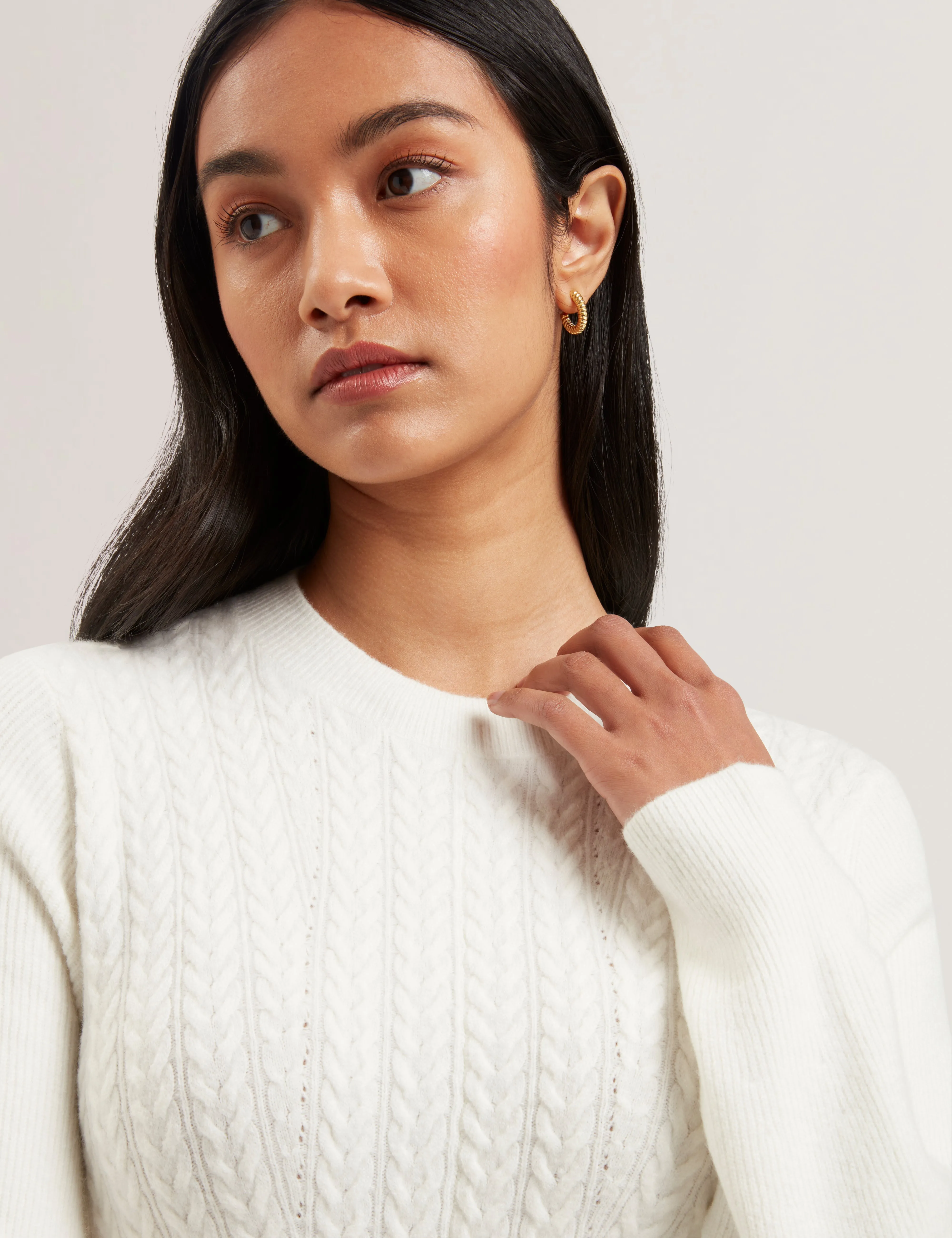 Vanesha Cable Knit Long Sleeve Midi Dress Ivory