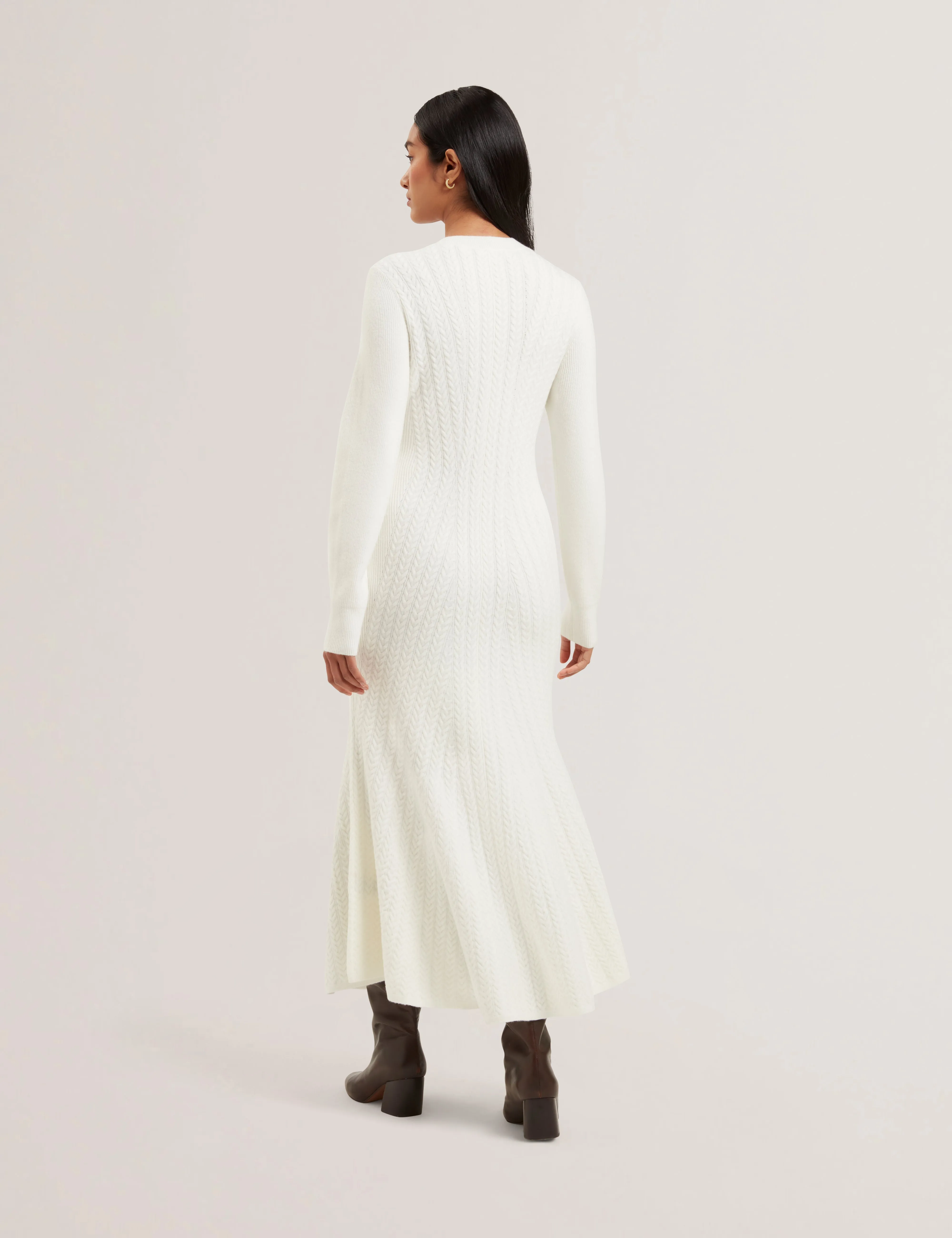 Vanesha Cable Knit Long Sleeve Midi Dress Ivory