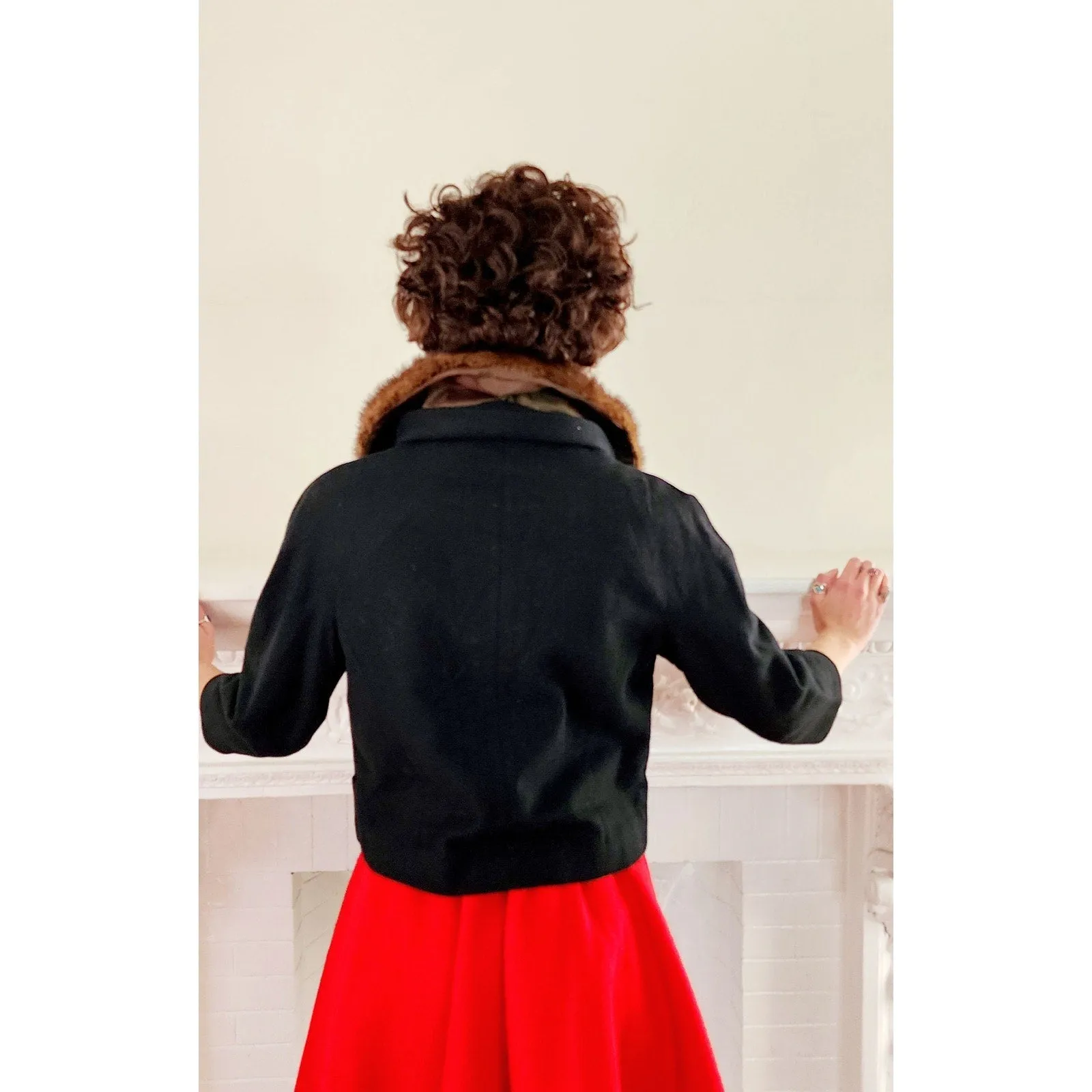 Vintage 50s Black Wool Blazer Brown Mink Fur Collar